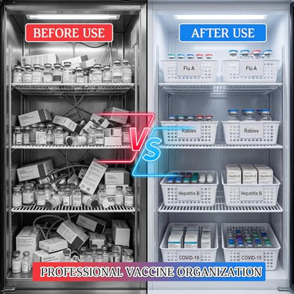 Vaccine Storage Basket, Medication Storage Organizer, 8 White Baskets with 12 Clear Label Holders & 12 Plain Labels for Medical Refrigerator