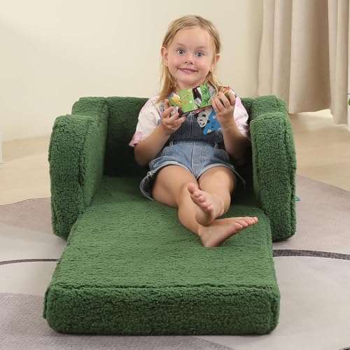 MOMCAYWEX Kids Sofa, 2-in-1 Flip-Out Foam Couch with Soft Sherpa Cover, Cozy Play Lounge Chair, Green - color: Green, size: Medium
