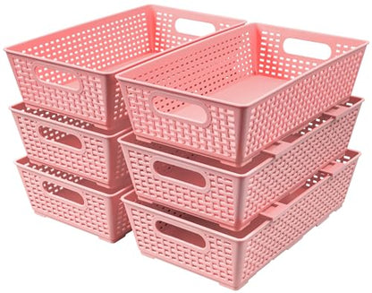 Tiawudi Stackable Woven Plastic Basket, Storage Bins for Cabinet, Closet, Shelf, Under Sink and Countertop, Pantry Organizer Bins, 6 Pack - color: Pink