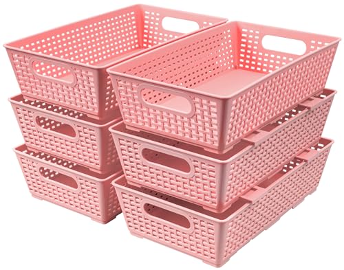 Tiawudi Stackable Woven Plastic Basket, Storage Bins for Cabinet, Closet, Shelf, Under Sink and Countertop, Pantry Organizer Bins, 6 Pack - color: Pink