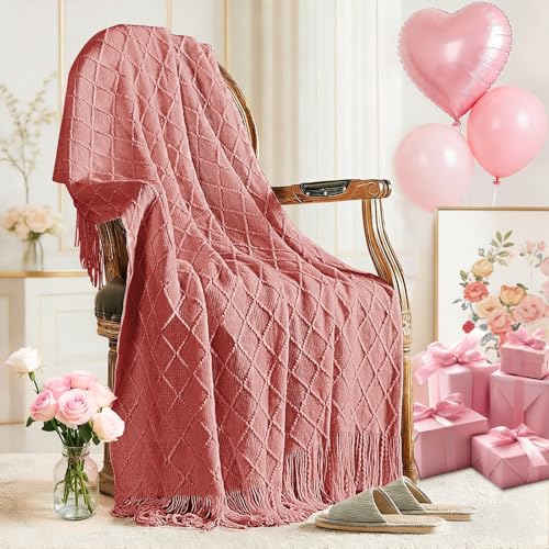 inhand Coral Pink Knitted Throw Blanket for Couch Bed, Mothers Day/Mom Birthday Gifts for Mom from Daughter Son, Soft Lightweight with Tassels, Farmhouse Warm Decorative Blanket for Women, 60"x80" - color: Coral Pink, size: 60"x80"