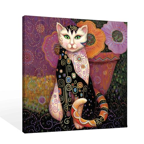 SiuSue Mystical Witchy Boho Floral Cat Canvas Wall Art Poster Prints Artwork Pictures Framed for Home Kids Girls Room Bedroom Living Room Meditation Room, 12x12 Inch - color: Cat-1