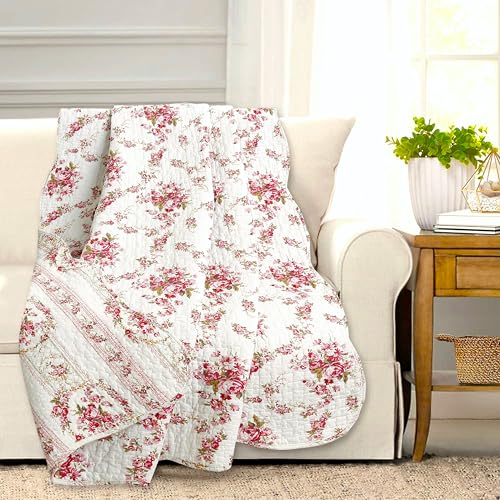 ozy Line Home Fashions Floral Reversible 100% Cotton Bedding Quilted Throw Blanket, Reversible & Lightweight, 60" x 50" Inch (Throw, Vintage Rose) - color: Vintage Rose, size: Throw Blanket