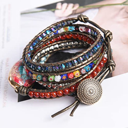 YGLINE Boho Handmade Natural Stone Wrap Bracelets Jasper Crystal Beads Bracelet Jewelry - color: jasper 2-5 wrap