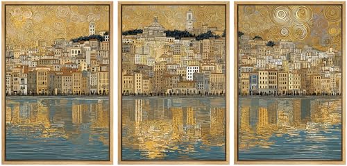 wall26 Framed Print Wall Art Set Golden Cityscape Reflection Gustav Klimt Inspired Coastal TownDecorative Minimal Relax/Zen for Living Room, Bedroom, Office - 16"x24"x3 NATURAL - color: A18-2604-M12, size: 16" x 24" x 3 Panels NATURAL