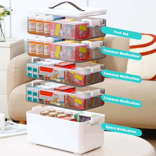 Homaigie Extra Tall 5-Tier Medicine Cabinet Organizer for Upright Medicine Bottles Organizer, Portable Medicine Storage Box with Leather Handle, Empty First Aid Kit Container for Home, Travel - size: 5 Tier