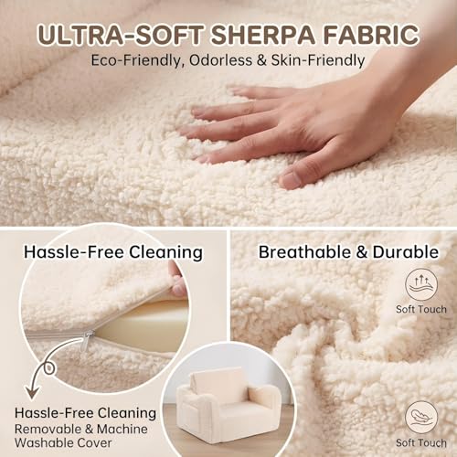 MOMCAYWEX Kids Sofa, 2-in-1 Flip-Out Foam Couch with Soft Sherpa Cover, Cozy Play Lounge Chair, Cream - color: Cream, size: Medium