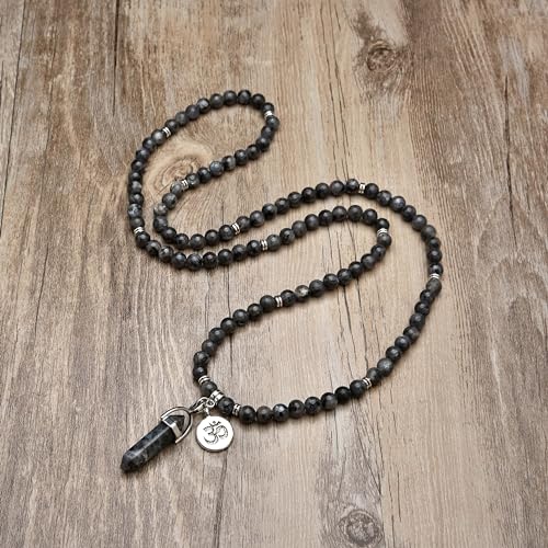 Natural Japa Mala 108 Beads Bracelet Necklace Meditation Accessories with om Chram and Reiki Quartz Hexagonal Prism Pendant - style: Labradorite
