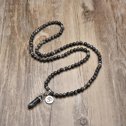 Natural Japa Mala 108 Beads Bracelet Necklace Meditation Accessories with om Chram and Reiki Quartz Hexagonal Prism Pendant - style: Labradorite