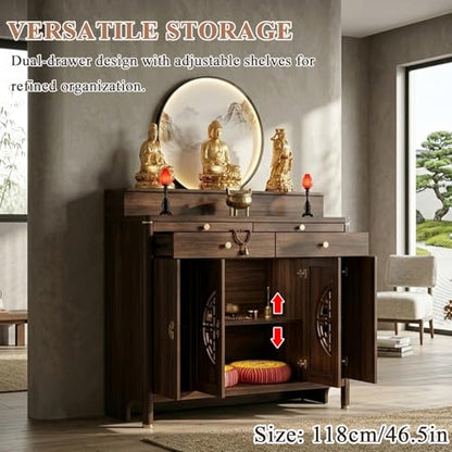 Personal Shrine Altar Table, Solid Wood Frame Buddhist Altar Cabinet, Meditation Prayer Table with Drawer (Brown, 98cm/38.6in) - size: 98cm/38.6in