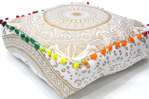 CRAFT KALA Gold Large Hippie Mandala Meditation Floor Ottoman Pillow Cushion Pouf Cover Square Poufs Bohemian Circle Floor Cushion Case Outdoor Fireplace Yoga Living Room Decor Cover 16" Square - color: Gold, size: 16"D x 16"W x 5"H