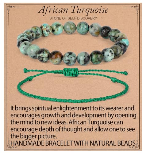 QOGIR 2pcs Handmade Healing Bracelet, Natural Gem Stone Crystal Elastic Bracelet - color: African Turquoise(Stone of Discovery), size: 8mm