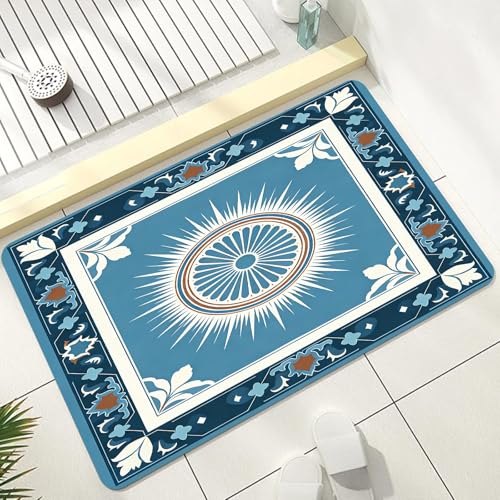 Bohemian Bath Mat, Vintage Geometric Floral Bathmat, Ethnic Boho Blue Bathroom Rug, Bohemian Rugs for Bathroom, Diatomaceous Earth Bath Mat, Non Slip & Absorbent & Washable, 17x24 Inch - color: Blue2, size: 17x24 inch