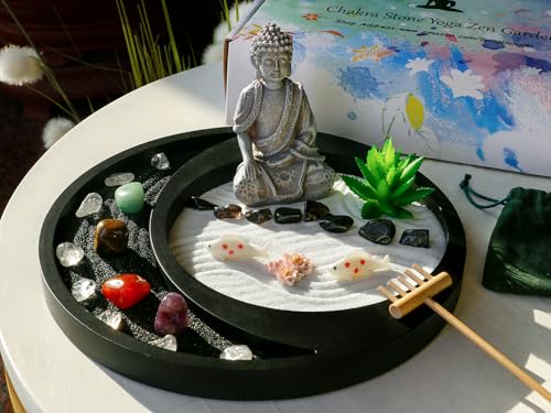 Meditation Buddha Zen Garden Accessories Japanese Desktop Rock Garden with Healing Crystal Stones Shine Altar Sand Tray Therapy Kit Decor Office Home Stress Relief Spiritual Decor Zen Healing Gifts