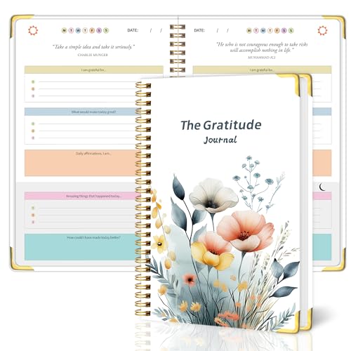 Gratitude Journal with Cardboard Cover ,Vivid Colorful Layout Design for Women ,Teens, 5 Miunte Daily Gratitude Journal with Prompts, Undated Hardcover Journals for More Happiness, Mindfulness & Reflection, Daily Affirmations, Spiral Binding ( Floral )