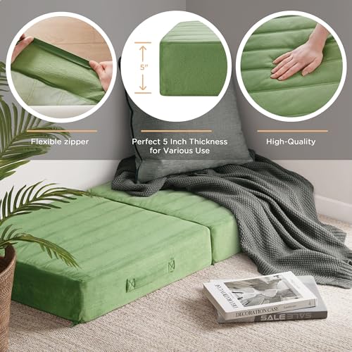 Codi High Density Foam Floor Pillow 2 Sets, Large Meditation Cushions Seating for Adults and Yoga Sitting, Washable Thick Couch Cushion with Soft Tufted Covers - 22 * 22 * 5inch Green