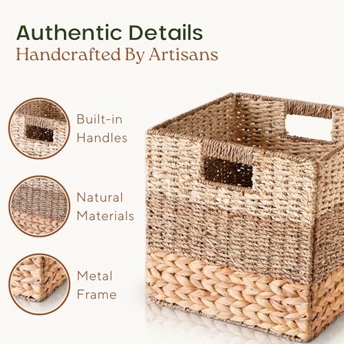 13x13x13 Storage Cube Bins Wicker Storage Basket for Cube Shelf, Natural Foldable Square Baskets for Storage, Large Woven Cube Storage Bin with Handle, Baskets for Pantry, Bedroom Set of 4