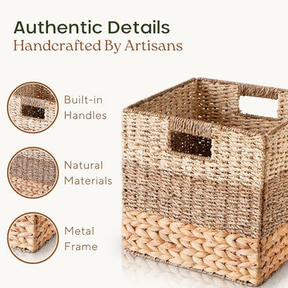 13x13x13 Storage Cube Bins Wicker Storage Basket for Cube Shelf, Natural Foldable Square Baskets for Storage, Large Woven Cube Storage Bin with Handle, Baskets for Pantry, Bedroom Set of 4