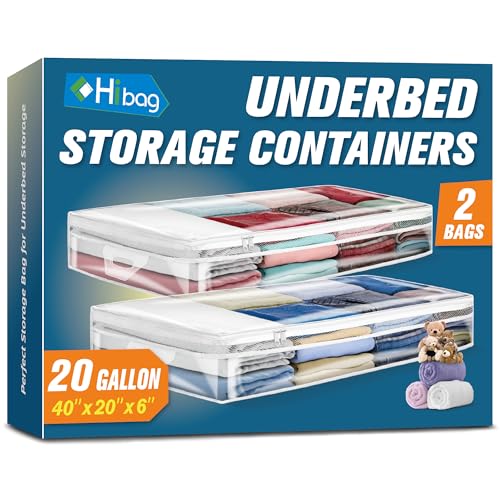 HIBAG 20 Gallon Under Bed Storage Containers, Underbed Clothing Storage Bins, Clear Plastic Organizer with Reinforced Handles, for Clothes Comforters Blankets Towels Pillows Bedding (2 Pack) - size: 20 gal Underbed - 2 pack