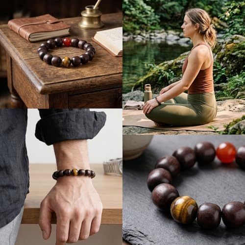 Meditaiton Men Beaded Bracelets, Handmade Sandalwood Mala Beads, Buddhist Prayer Red Wood Bracelets, Comfortable for Daily Wear Yoga Gift for Men - color: 12x13mm Bead with Tiger Eye