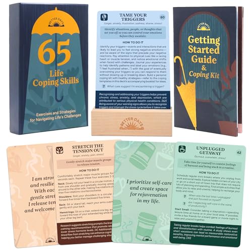Coping Cards – 65 Skills & Exercises to Cope with Stress, Anxiety, & Anger – 3.5” x 5” Therapy Flashcards with Affirmations and Guidebook – Nurture Emotional Resilience & Mental Health
