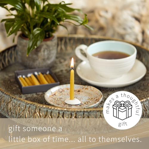 Signature Collection - Meditation Candle Set (Folk) by Cotton & Grey - 12 Pure Beeswax Twenty Minute Candles with Ceramic Holder for Meditation, Relaxation and Mindfulness