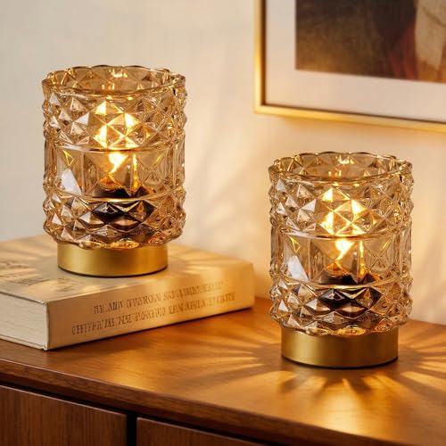 Battery Operated Lamp with Timer, Cordless Table Lamps for Shelf Decor, Rhombus Texture Aesthetic Crystal Lamp, Small Decorative Lamps for Bedroom/Bathroom/Kitchen/Entryway/Dorm (2 Pack Yellow) - color: Yellow, size: 2 pack