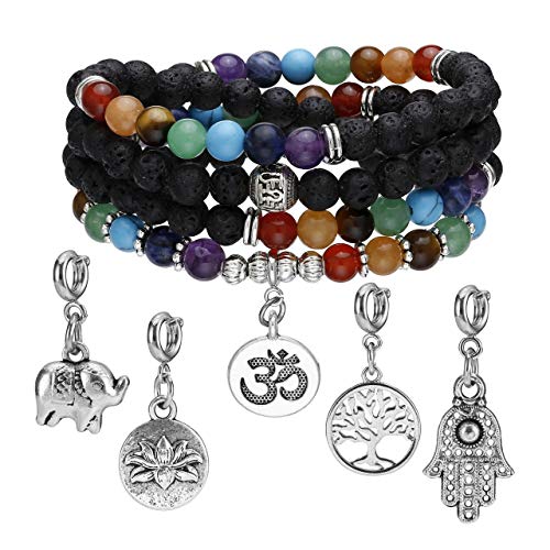 Jovivi 6mm Mala Beads 108/Lava Rock 7 Chakra Tree of Life/Hamsa/OM/Lotus/Elephant Charm Healing Crystal Bracelet Necklace