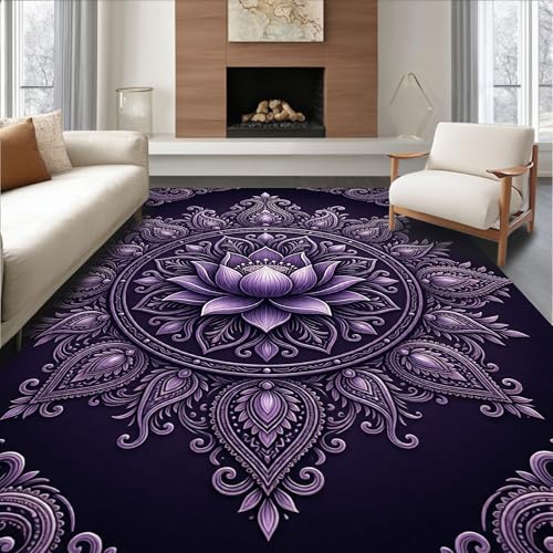 Low Pile Flatwoven Area Rug 4x6, Ornate Meditation Sanctuary Kneeling Padded Beaded, Machine Washable, Stain Resistant Indoor Rug for Living Room, Bedroom, Non Slip(Purple, 4x6) - color: Purple/Pattern 3, size: 4' x 6' (Rectangular)