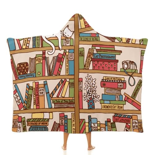 Sleeping Cat Library Bookshelf Large Size Comfortable Hooded Blanket, Warm Blanket 50"x60" - color: Sleeping Cat Library Bookshelf, size: 50"x60"