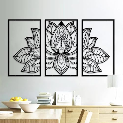 Resama 3 Pcs Lotus Flower Wall Art Decor Metal Mandala Wall Decor Unique Lotus Flower Wall Art for Living Room, Bedroom, Office and Yoga Room Hanging Decor(Black) - color: Black, size: 32L" x 17W"