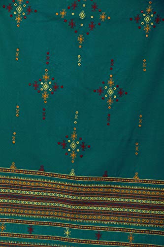 Exotic India Shawl from Kutch with Embroidered Bootis and Mirrors - Wool - color: Everglade