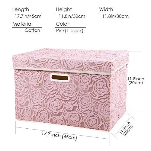 Larger Collapsible Storage Bin with Lid [1-Pack] Fabric Decorative Storage Box Cube Organizer Container Baskes with Handles Divider for Bedroom Closet Living Room Pink 17.7x11.8x11.8 Inch
