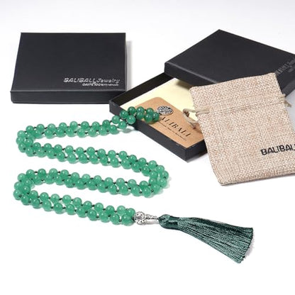 108 Mala Beads Necklace Semi-Precious Gem Stones Meditation Necklace 108 Hand Knotted Japa Mala Beaded Tassel Necklace with Tree of Life Pendant - color: Green Aventurine