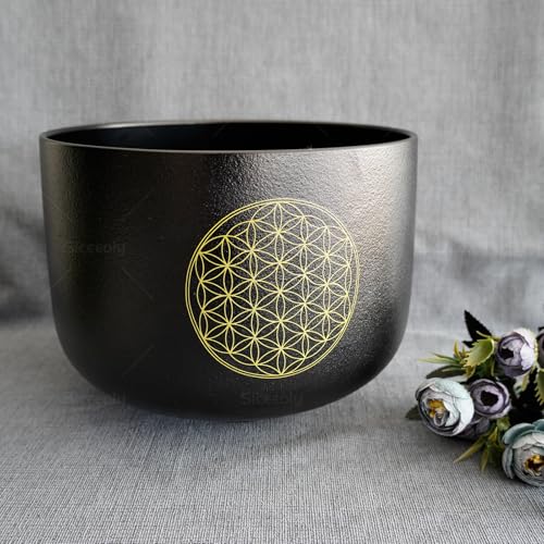 10 inch D Note Black Life of Flower Crystal Singing Bowl Navel Chakra Meditation Sound Healing with Suede Striker O-ring - size: 10 inch D NOTE