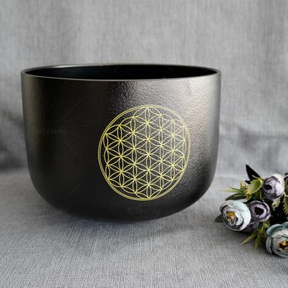 11" C Note Crystal Singing Bowl Black Life of Flower Root Chakra Quartz Singing Bowl Meditation Sound Healing with Suede Striker O-ring - size: 11 inch C NOTE