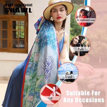 100% Mulberry Extra Large Silk Pashmina Scarf Shawls And Wraps For Women Evening Dress Summer Travel Floral Blanket - color: Blue Garden Breeze