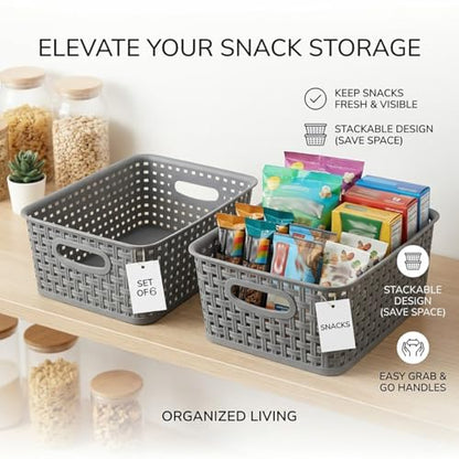 Weave Plastic Storage Basket 6-Pack, Woven Grey Baskets Bins for Organizing Bathroom, Kitchen and Office