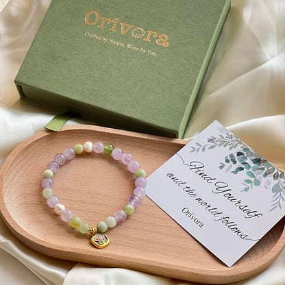 Birth Flower Crystal Bracelets for Women, Handmade Natural Gemstone Stretch Jewelry with Healing & Positive Energy - color: Sept. Aster & Amethyst