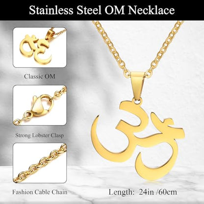 Stainless Steel Om Necklace for Men Women, gold plated/Silver/Black Yoga Charm Pendant Necklaces Aum Om Ohm Sanskrit Symbol Hindu Meditation Chain Necklace,Mens Womens Jewelry Gifts - color: Polished Gold
