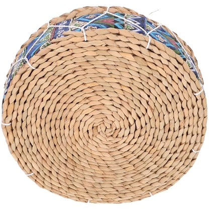Ciieeo Meditation Floor Cushion Round Woven Straw Seat Mat 30cm Diameter 7cm Height Blue Husk Braided Cushion for Living Room Tatami Balcony Sitting