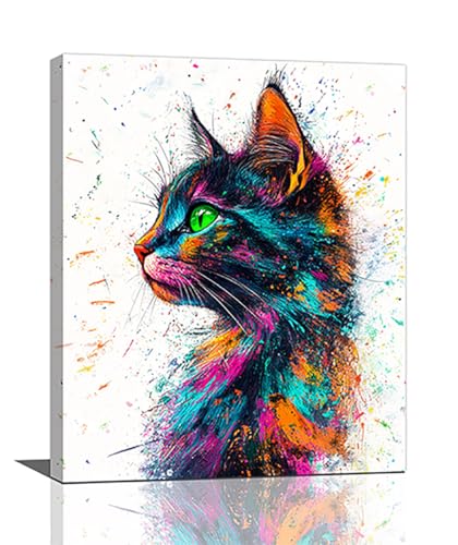 Olivine Black Cat Wall Art, Graffiti Cats Pictures Wall Decor, Watercolor Painting Canvas Prints, Framed Artwork for Bathroom Bedroom Living Room Office Home Decoration 16"x20" - color: Cat, size: 20L" x 16W"