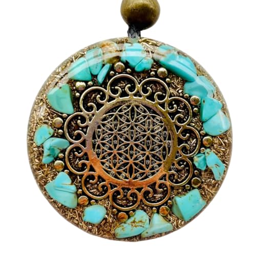 Orgone Necklace, Protection, Symbol Flower of Life, Sacred Geometry, Stone Turquoise, Gems Rose Quartz- SBB Coil, Reiki, Yoga, Healing Crystals, Orgonite Pendant Handmade, Arte Orgones