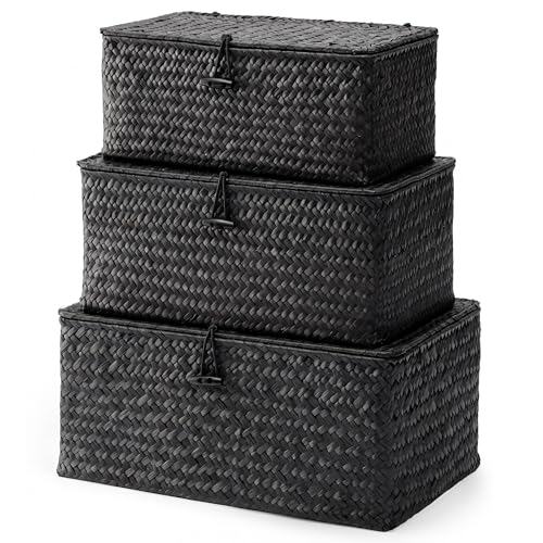 Nonam Storage Basket with Lid, Natural Seagrass Bin with Lid Set of 3, Shelf Baskets Multipurpose Container for Boho Decoration, Rectangular Household Storage Boxes for Home Organization-Black - color: Black* Set of 3