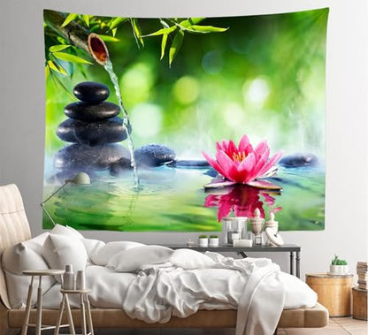 Loccor Zen Garden Tapestry 60''x40'' Green Bamboo Zen Stones Spa Water Lotus Flower Wall Hanging Tapestry Relaxation Bamboos Candles for Home Bedroom Living Room Dorm Decor