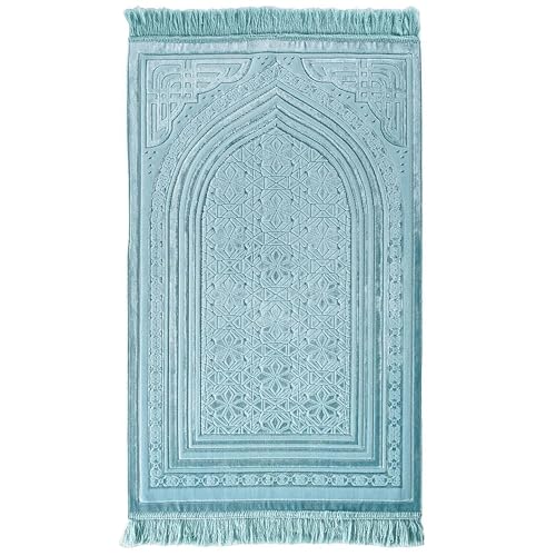 Modefa Luxury Velvet Prayer Rug with Prayer Beads | Soft Elegant Muslim Turkish Janamaz Sajada Carpet for Men and Women | Plain Solid Prayer Mat Ramadan Eid Gift - Najma (Blue) - color: Najma Turquoise Blue