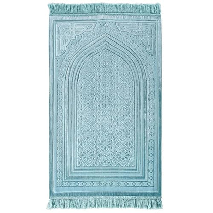 Modefa Luxury Velvet Prayer Rug with Prayer Beads | Soft Elegant Muslim Turkish Janamaz Sajada Carpet for Men and Women | Plain Solid Prayer Mat Ramadan Eid Gift - Najma (Blue) - color: Najma Turquoise Blue