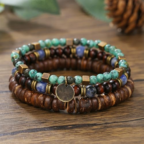 Puka Shell Bracelet for Men Wooden Bracelets Turquoise Stack Beaded Minimalist Trendy Jewelry for Friend Gift - style: 3pcs-Coin
