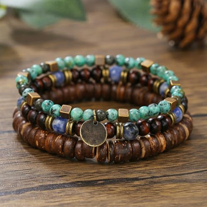 Puka Shell Bracelet for Men Wooden Bracelets Turquoise Stack Beaded Minimalist Trendy Jewelry for Friend Gift - style: 3pcs-Coin