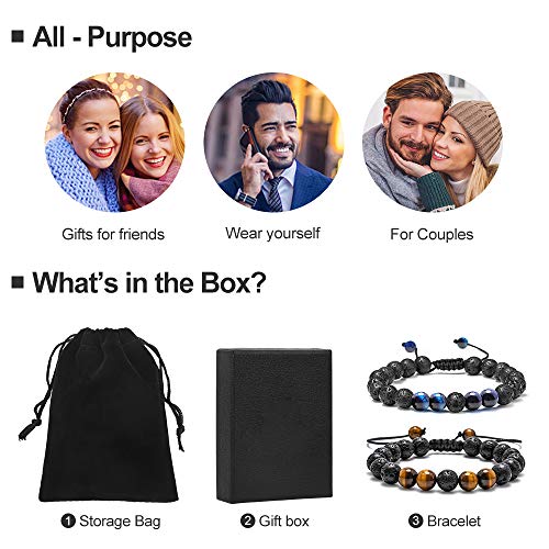 M MOOHAM Fathers Day Gift Mens Bracelet - Beaded Natural Stone 8mm Tiger Eye Matte Agate Lava Rock Bracelets for Men Teen Boys Grandpa Dad Birthday Gifts Jewelry - style: "Lava Rock&Yellow Blue Tiger Eye Bracelets